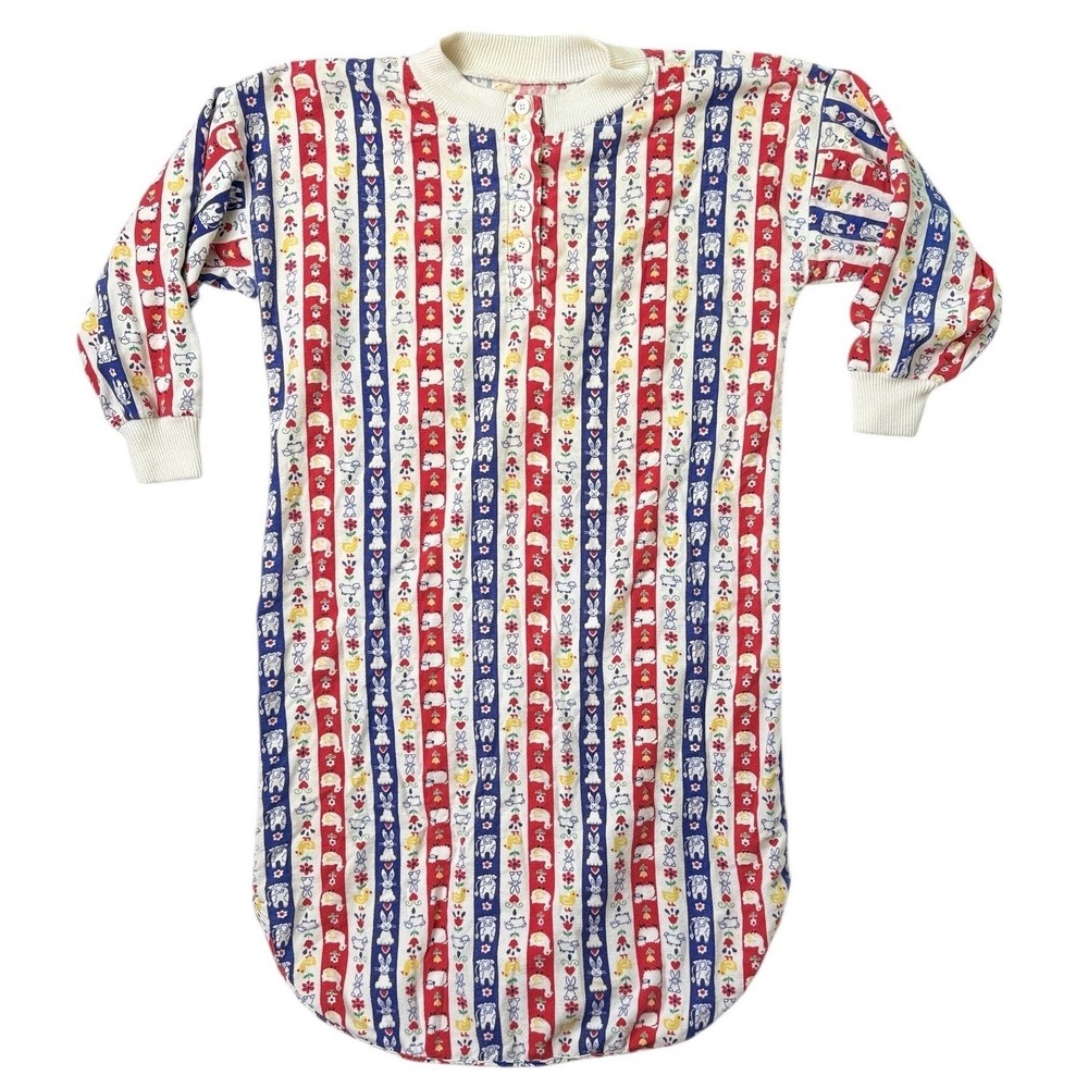 Vintage 80s Kittens USA Farm Animal Stripe Henley Sleep Shirt Nightshirt Small